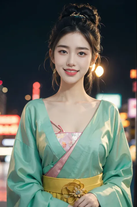 (((best quality))),(((ultra detailed))),(((masterpiece))),illustration,1girl,bun hair,see through gauze hanbok,collar,slim,flat chest,laughing, summer night,Korean city scape, street, neon signs, beautiful, vibrant, detailed facial features,medium hair, el...