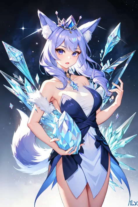 female humanoid fox wearing a crystal crown, long light purple hair, fox ears, and a crystallized gemstone foxtail