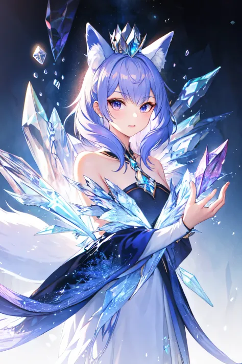 female humanoid fox wearing a crystal crown, long light purple hair, fox ears, and a crystallized gemstone foxtail