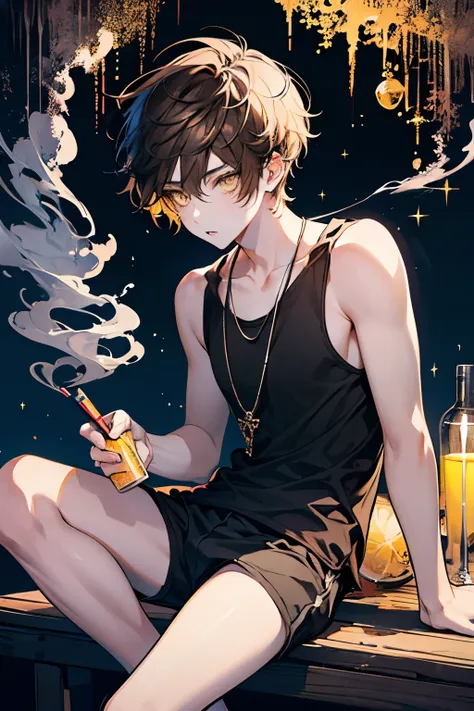 Beautiful young man, brown hair, short hair, yellow eyes,Shiny Sparkling eyes,White Tank top,(smokes), night, smoke,high quality, amount of drawing, pixiv illustration,nsfw,beautiful image,perfect pixiv,sitting with a defiant attitude