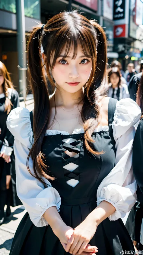 Top quality, 1 beautiful woman, (Absurdly Long Hair:1.3), ((Twintails)), wearing gothic lolita costume, Massive Breasts, 50mm lens, f/1, at Walking in Akihabara