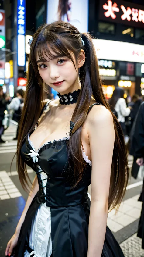 Top quality, 1 beautiful woman, (Absurdly Long Hair:1.3), ((Twintails)), wearing gothic lolita costume, Massive Breasts, 50mm lens, f/1, at Walking in Akihabara