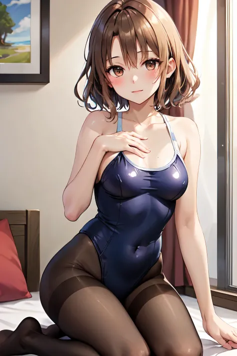 masterpiece, Highest quality, High resolution, One girl, alone, short hair, Brown Hair, Brown eyes, chest, Bedroom、Kneeling、(Swimsuit)、Turn your butt、((pantyhose))