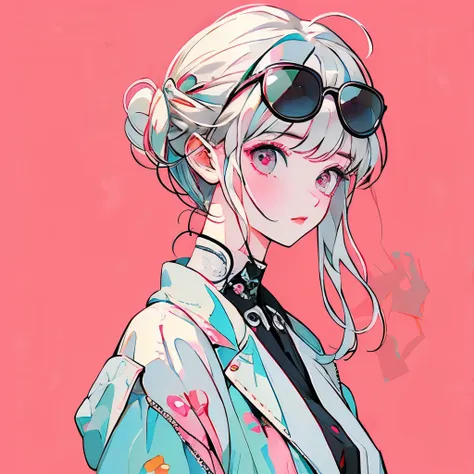 masterpiece、one girl、white hair、fashionable clothes、black jacket、pink background、sunglasses、low - angle