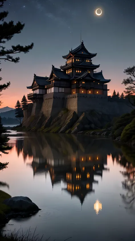 A traditional Japanese castle，With multi-layered roofs and white walls，Illuminated in the dark night sky. The castle is beautifully reflected in the calm water in front of it, Creating a perfect mirror image. The crescent moon hangs in the sky to the left ...