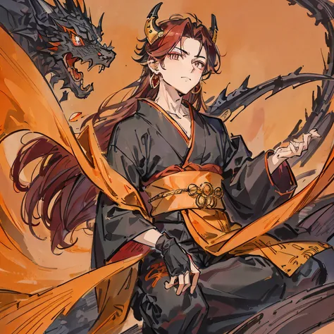 A young teenager boy with long deep red hair, he has orange eyes, he wore a black kimono with gold dragon pattern. he wore a gold earrings. he has a calm expression.