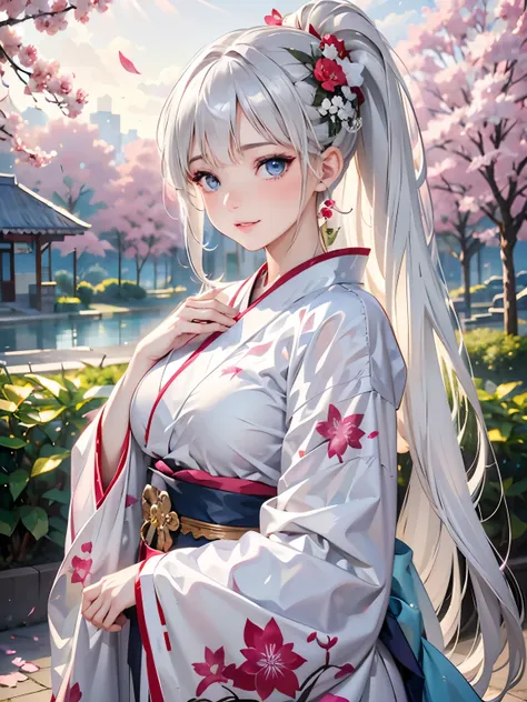 a 20 age, beautiful chubby girl, your face has strong pink makeup, wearing a white and black long and closed kimono, silver blue eyes, beautiful detailed eyes, detailed lips, suggestive pose, evil smile, very long hair, silver hair, long white ponytail hai...