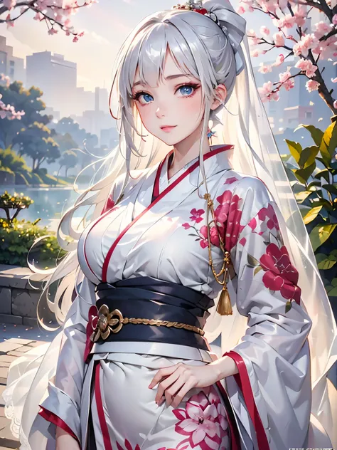 a 20 age, beautiful chubby girl, your face has strong pink makeup, wearing a white and black long and closed kimono, silver blue eyes, beautiful detailed eyes, detailed lips, suggestive pose, evil smile, very long hair, silver hair, long white ponytail hai...