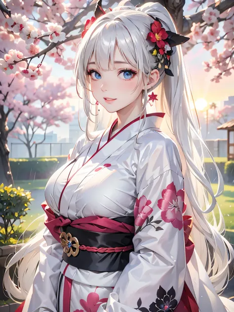 a 20 age, beautiful chubby girl, your face has strong pink makeup, wearing a white and black long and closed kimono, silver blue eyes, beautiful detailed eyes, detailed lips, suggestive pose, evil smile, very long hair, silver hair, long white ponytail hai...