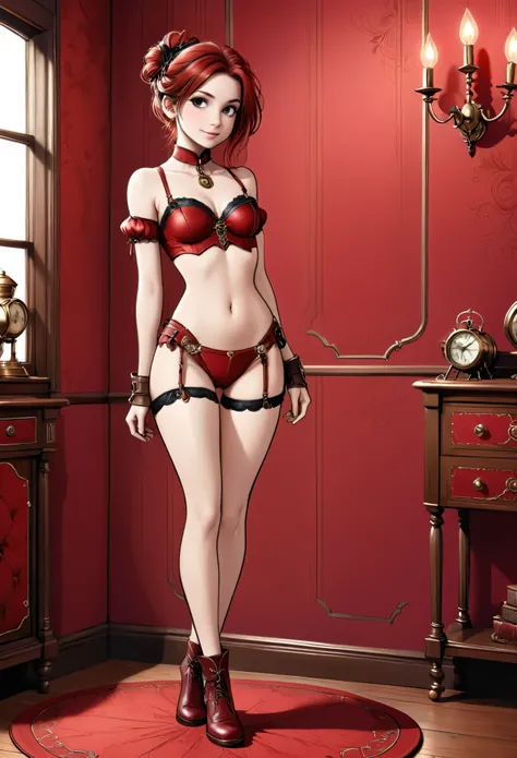 (Realistic:1.4), high quality, 8K Ultra HD, highly detailed, clean line art, detailed background, mix of bold dark lines and loose lines, whole body, full length picture of cute magical woman, the background is a detailed red bedroom in steampunk style, cl...