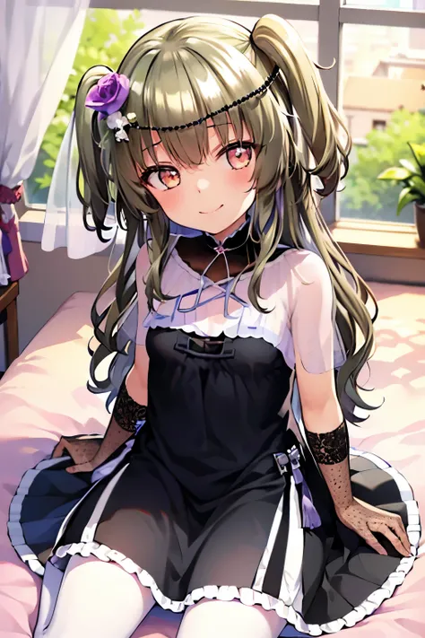 Himari Mei, masterpiece, loli, cute, flat chest, cute and shy smile, black dress, perfect body, full body, head tilt, sitting, in princess style bedroom, face waiting for kiss