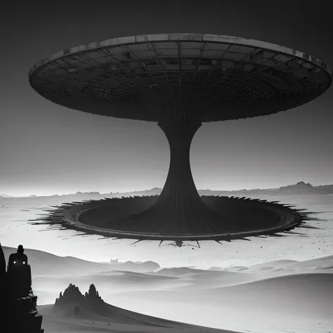 A giant desert adorned with monolitc machinations, greyscale, blame concept art, deeply detailed, vast and empty landscape