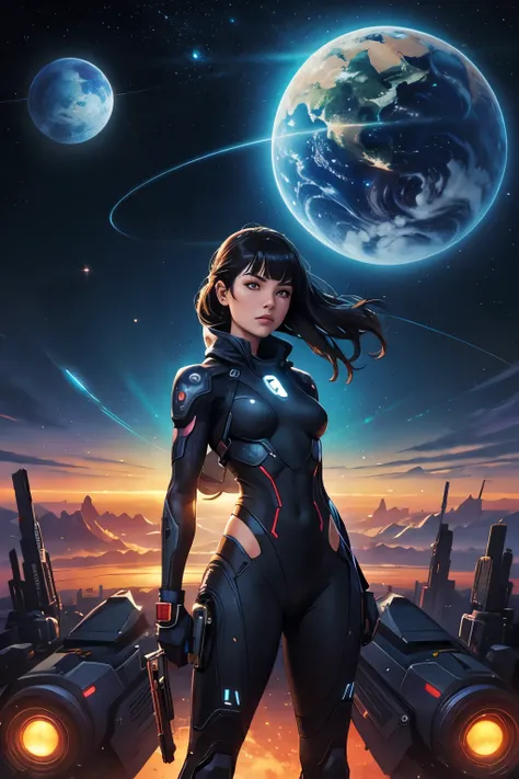 there is a woman standing in front of a painting of a planet, futuristic city in the background, psytrance art, interconnected human lifeforms, panoramic view of , progressive rock album cover, dream about infinity, Star dust, Galaxy, Stoner Rock --ar 16:9...