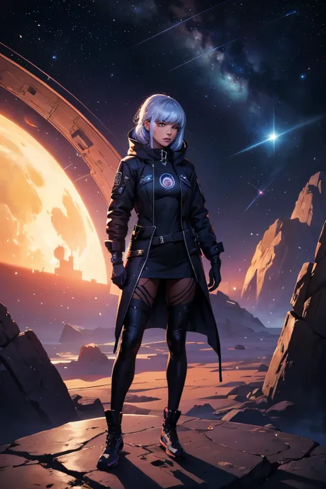 there is a woman standing in front of a painting of a planet, futuristic city in the background, psytrance art, interconnected human lifeforms, panoramic view of , progressive rock album cover, dream about infinity, Star dust, Galaxy, Stoner Rock --ar 16:9...