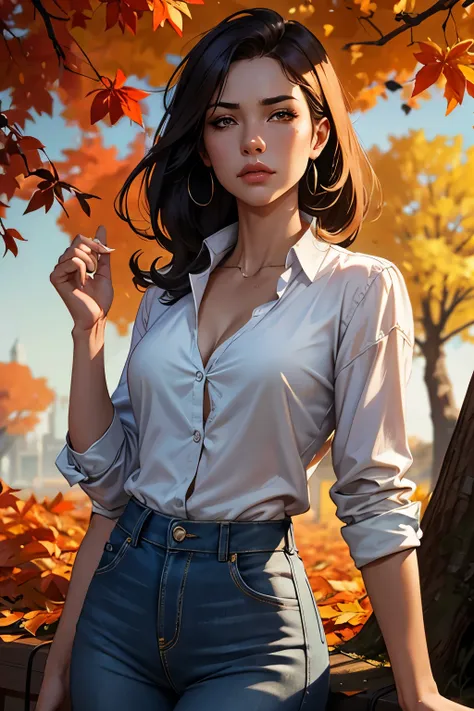 close up, samdoesarts style beautiful woman, in a park with orange leaves , por Jeremy Mann, by Sandra Chevier, By Dave McKean and Richard Avedon and Maciej Kuciara, white blouse and jeans, highly detailed, 8k
