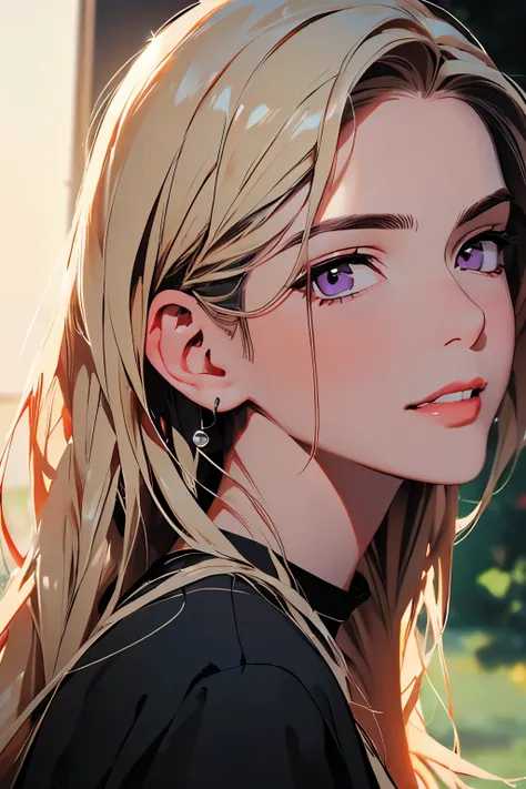 a_painting_portrait_of_bishamon_from_noragami_A girl with long wavy loiro hair , ((Uma garota)), (loiro) ,(trança de cabelo longo:1.3), purple eyes, um sorriso leve, rosto lindo , 18 anos , (figura esbelta , seios grandes) , (((Obra de arte)))_(retrato)_lu...