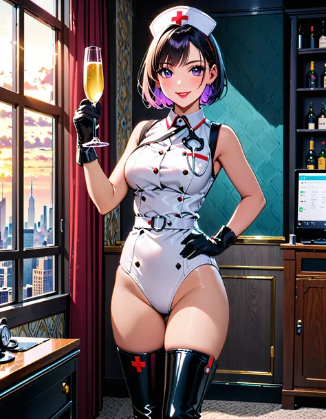 1lady, (masterpiece), (best quality), (hires), Highly detailed CG Unity 8k wallpaper, The facial details are very rich, delicate lips, delicate eyes, (black bob hair with purple accents, bangs), nurse uniform, smooth, nurse, nurse hat, stethoscope, cute sm...