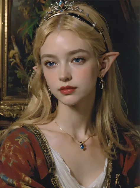 ((masterpiece、Highest quality、Very detailed、High resolution、Realistic、Sharp focus))、((Stunningly beautiful blonde female elf、(Mid Shot)、Brightness of the face))、High contrast、High saturation、Stunning and gorgeous painting、galadriel、Gorgeous dress、crown、nec...