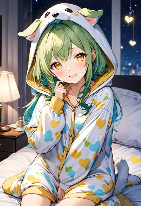 (Kigurumi pajamas style) (15 yo, solo green hair long hair cute girl, cute yellow eyes, love smile medium tits), (in a dog hooded, dog kigurumi pajamas), break, in the lovely bedroom of night, BREAK, masterpiece, best quality, 16k, beautiful detailed night...