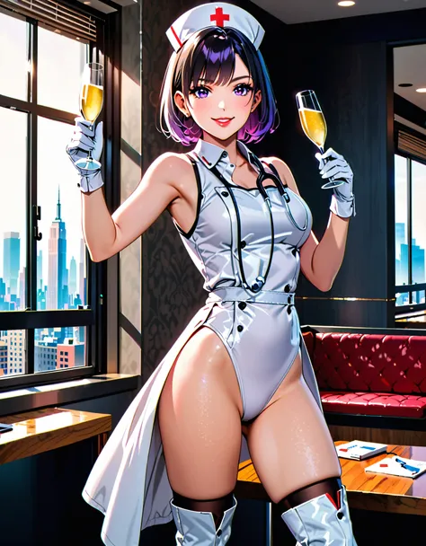 1lady, (masterpiece), (best quality), (hires), Highly detailed CG Unity 8k wallpaper, The facial details are very rich, delicate lips, delicate eyes, (black bob hair with purple accents, bangs), nurse uniform, smooth, nurse, nurse hat, stethoscope, cute sm...