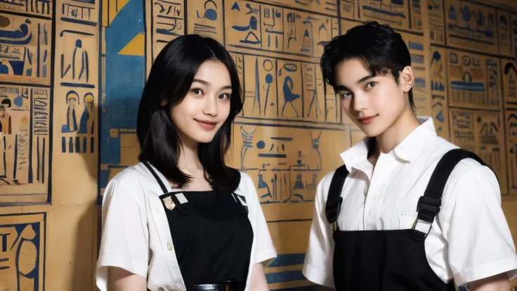 246 (in the mural２people々々々々々々々々々々々々々々), (an 18-year-old female and an 18-year-old male), short hair,kind, lipstick, egyptian ci...