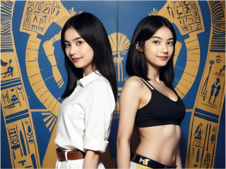 246 (In the mural２people々々々々々々々々々々々々々々々々), (An 18-year-old female and an 18-year-old male), short hair,kind, lipstick, Egyptian civilization, Waist belt, Hieroglyphics, smile