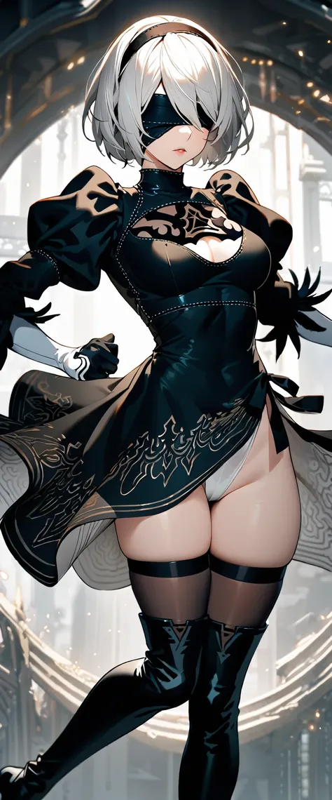 1girl,(2b (nier:automata)), solo,black dress,two-sided skirt, high thigh boots,white gloves,black hands,white hair,blindfold,black hairband,intricate details,perfect anatomy,best quality, 