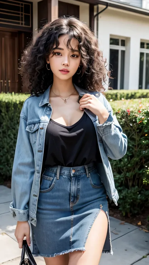 Woman with curly hair, light black, denim jacket, black skirt, neckline, in front of a luxurious house.