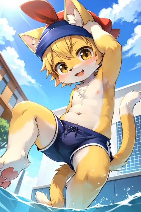 kemoshota, mascot boy, mascot, dynamic angle, cat, tail, whiskers, short statue, short height, paws, naked, kindergarten pool, open legs, swimming cap, swimming shorts