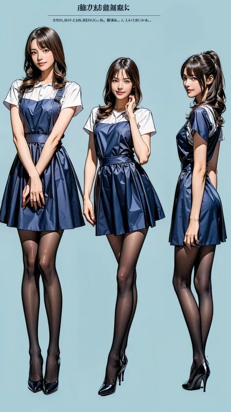 ((masterpiece)),(((Highest quality))),((Character design sheet)),Thin thighs,Long legs,Bunny girl in a light blue maid outfit:1.5，Wearing light blue tights:1.5，The best smile:1.5，Full Body Shot:1.5，Gray background:1.5，Wearing black high heels:1.5，short sid...