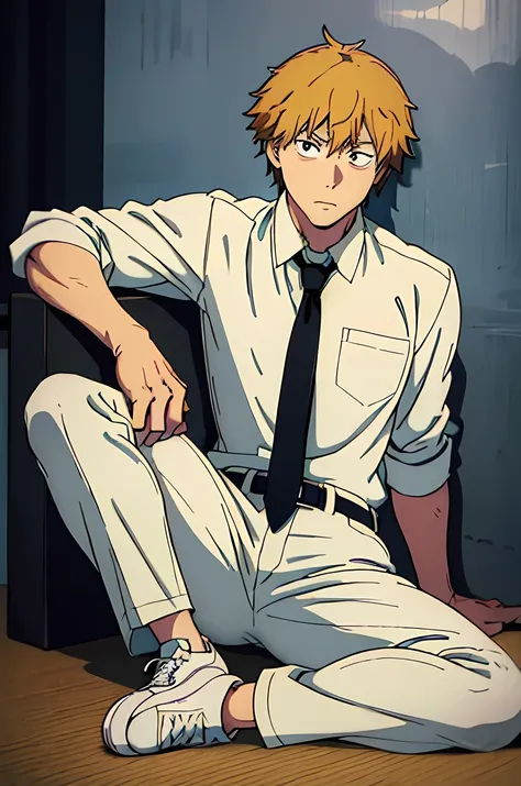 denji, looking to left, sitting, on the floor, arm resting on his knee, closed mouth, black necktie, white shirt, collared shirt...