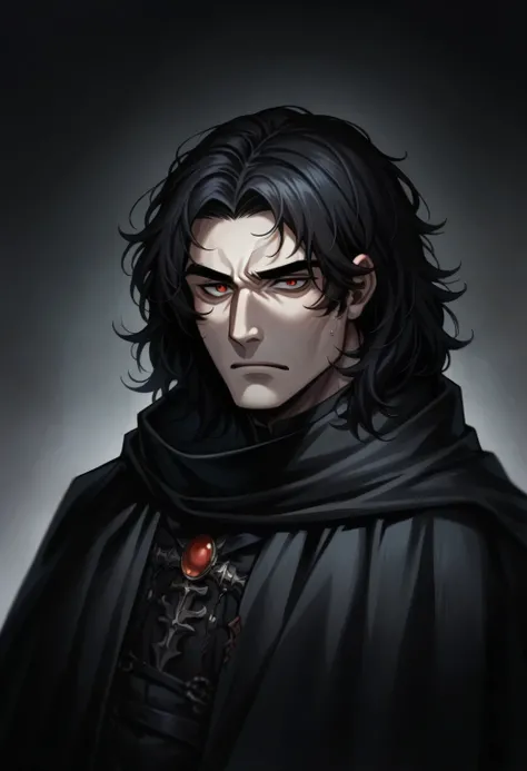 arafed man with long black hair wearing a black cape, handsome male vampire, male vampire, male vampire of clan banu haqim, masami kurumada style, in a cape with long hair, wearing a black cape, like a medieval fantasy character, with her long black hair, ...