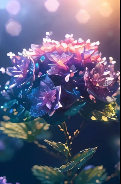 crystal flower, Fantasy, Milky Way, transparent, Sparkling, Sparkling, wonderful, colorful, Magical Pictures, Dramatic lighting, Photographic realism, Super detailed, 4K, Depth of written boundary, High resolution,(hydrangea),drop