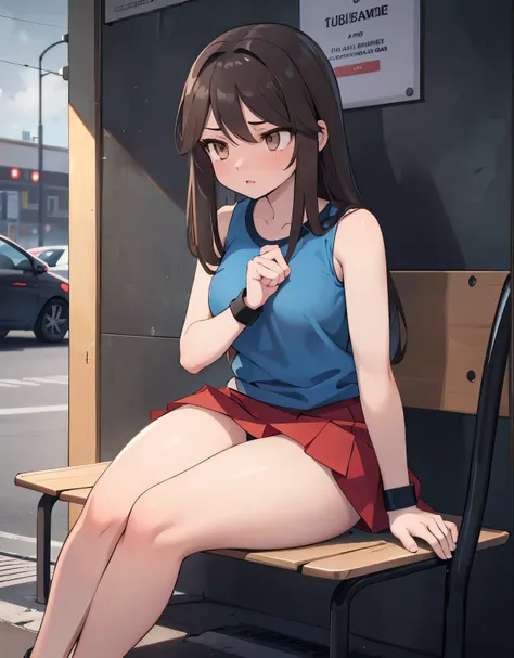 a young woman sitting with legs open at a bus stop, masturbating, expression of shame and pleasure, detailed face, detailed body, detailed hands, hyper realistic, cinematic lighting, moody atmosphere, muted colors, soft focus, photorealistic, intricate det...