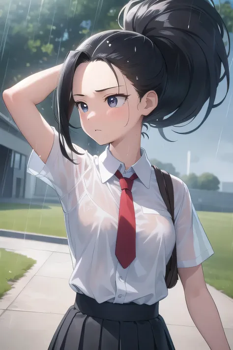 masterpiece, Highest quality, High resolution, One girl, yaoyorozu momo, Black Hair, ponytail, Pulling the hair back, Iris, Large Breasts, , White shirt, Collared shirt, Short sleeve, Red tie, 緑のskirt, Schoolyard, , Short sleeve, skirt,Field,good visible t...