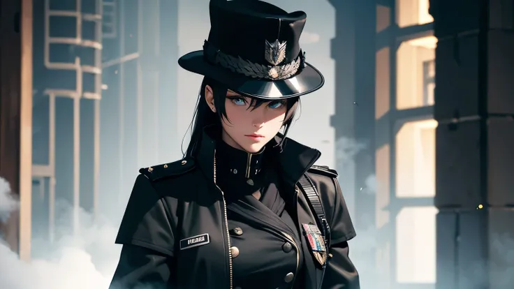 1 girl, solo, arafed women in a black uniform and a black hat, a black dieselpunk policewoman, in black military uniform, detective coat, officer, black greatcoat, police uniform, in black uniform, black armored uniform, dark coat, full uniform, inspired b...