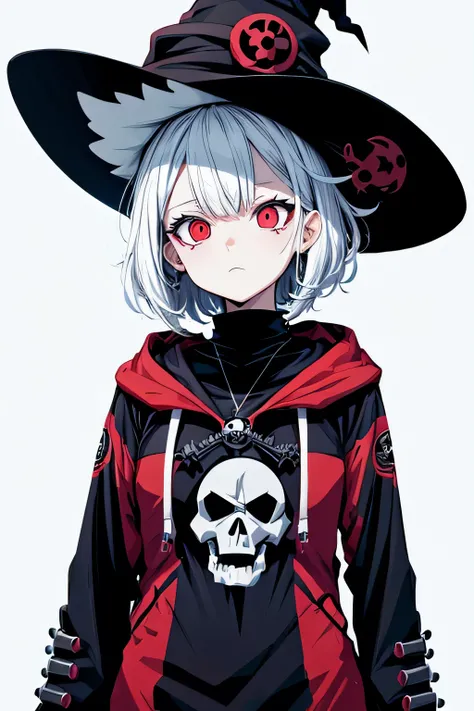 anime witch design, crossbones, skulls, street wear design, pro vector, Horror style, full design, 6 colors only, solid colors, no shadows, full design, sticker, bright colors, white background.