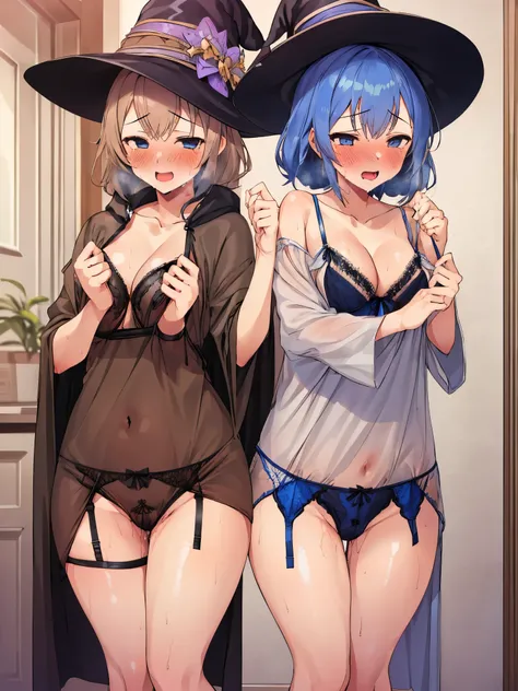 NSFW,(One girl:1.5),(Roxy Migurdia)、blue eyes、Blue Hair、bangs、Brown cloak、Witch Hat、Braid,(Perfect hands),(Perfect Anatomy),(masterpiece),(Highest quality),Embarrassed,blush,(High-quality sexy lingerie:1.5)