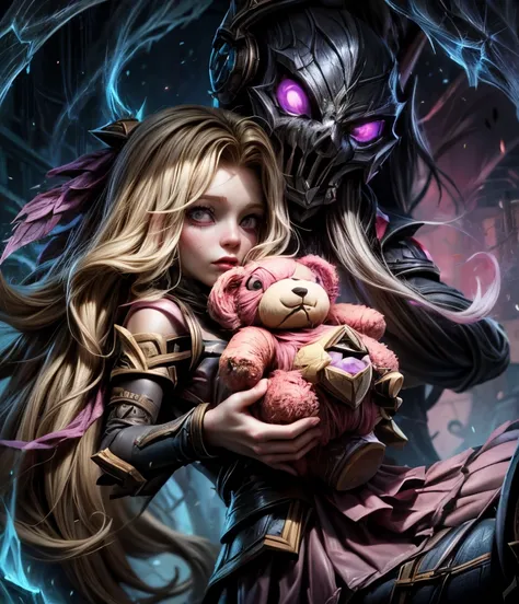 [(League of legends:1.5), creepy, dark, black and white, detailed manga line art, scared, psychological horror, grotesque, morbid, surreal], a girl holding a teddy bear, Annie, character from League of Legends