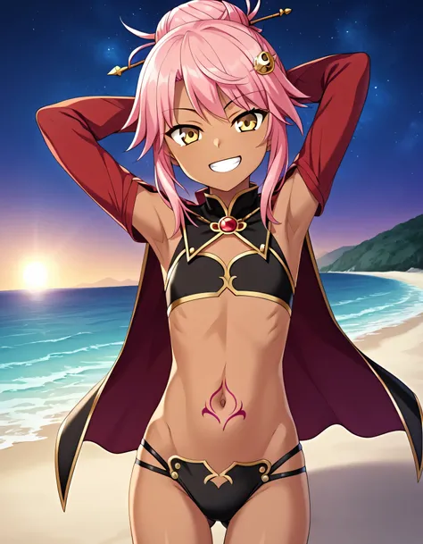 chloebase, pink hair, long hair, hair bun, hairpin, yellow eyes, dark skin, dark-skinned female, long sleeves, stomach tattoo, midriff, waist cape, 1girl, solo, younger, flat chest,
high quality, solo, night sky, beach, arms behind head, contrapposto, clos...