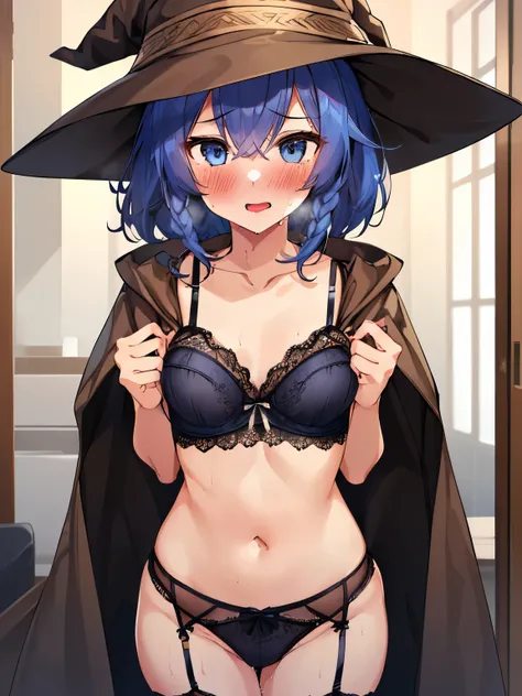 NSFW,(One girl:1.5),(Roxy Migurdia)、blue eyes、Blue Hair、bangs、Small breasts,Brown cloak、Witch Hat、Braid,(Perfect hands),(Perfect Anatomy),(masterpiece),(Highest quality),Embarrassed,blush,(High-quality sexy lingerie:1.5)