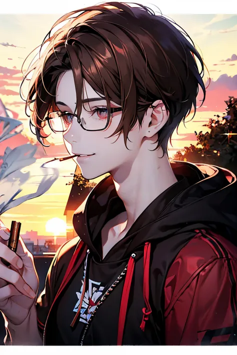 Beautiful young man, brown hair, short hair, red eyes,Shiny Sparkling eyes,Short sleeve hoodie,(smokes), sunrise, smoke,high quality, amount of drawing, pixiv illustration,beautiful image,perfect pixiv,close-up view,smile,glasses