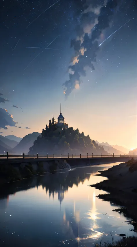 High quality masterpiece, landscape, anime train passing through bodies of water on tracks, bright starry sky. Romantic train, pixiv, concept art, lofi art style, reflection. by Makoto Shinkai, lofi art, Beautiful anime scene, Anime landscape, detailed sce...