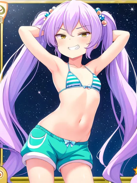 himejimakinoko, solo, 1girl, light purple hair, twintails, hair bobbles, polka dot bikini, very long hair, yellow eyes, striped shorts, flat chest, high quality, solo, night sky, beach, (arms behind head), contrapposto, closed mouth, spread armpits, (cowbo...