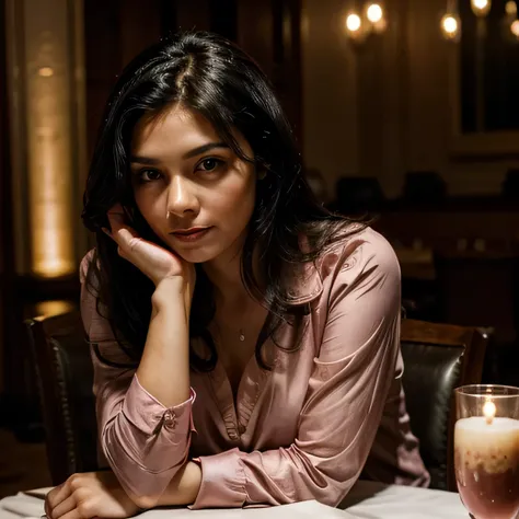 woman, black hair, pink blouse, at an elegant restaurant table, looking at the camera, warm lights