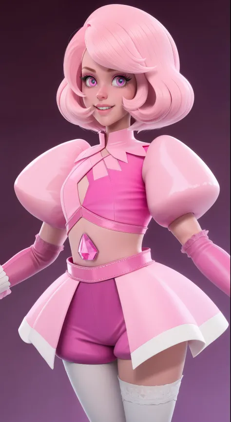 pnkdamond, pink hair, pink eyes,  long hair,  stomach gem,  pink skin,  toned, 
puffy short sleeves, elbow gloves ,  white thighs,   Puffy dress, 
standing, Upper part of the body, 
 outer space,  
(incredibly detailed, beautiful detailed face,Beautiful de...