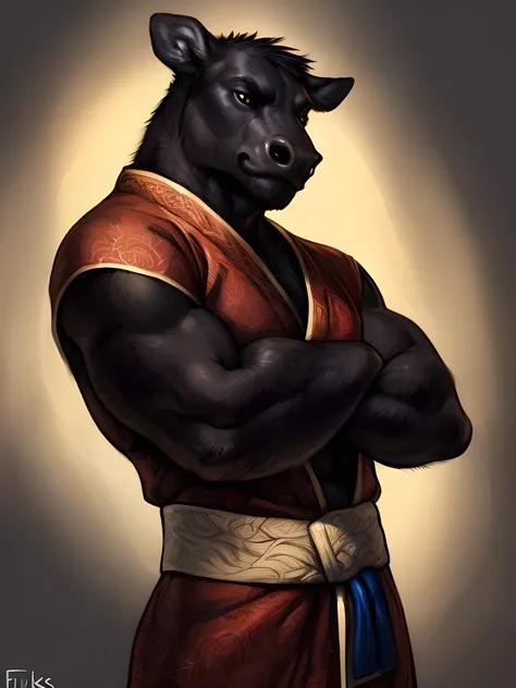 4K, high resolution, best quality, Perfect color, Perfect shadow, Perfect lighting, ((close up, portrait)), release date:e621, hairy body, solitary, human black cow, Corners, (Monotonous black fur:1.3), male, aldult, (Venous biceps, muscular, Masculinity, ...