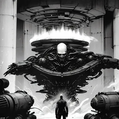 A phantasm depiction of a savior machines made of incomprehensible machines, greyscale, blame concept art