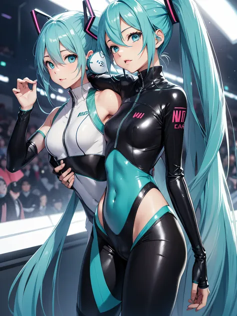 hatsune miku, wearing tight clothes, showing the tongue