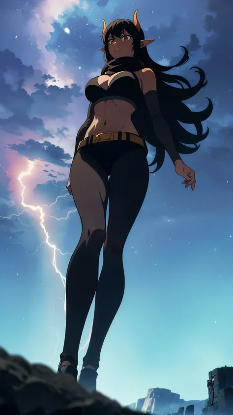 ((1girl,solo,mature female,25s,adult)),long hair, black hair,serious,horns,elf ears,black scarf,cleavage,((dark skin)),((black sports bra, midriff)),((pantyhoses)),night, Vast sky, fireflies, fantasy,night scenery, rain,thunder clouds,walking,lightning,lig...